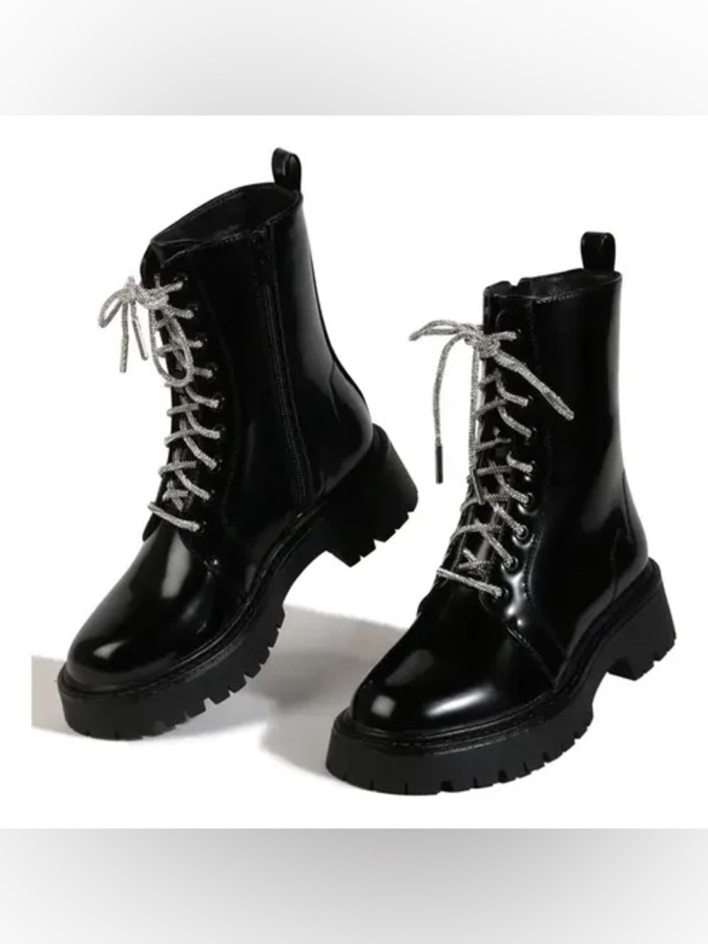 Black Patent Bling Lace-Up Combat Boots with Side Zip Chessy-1